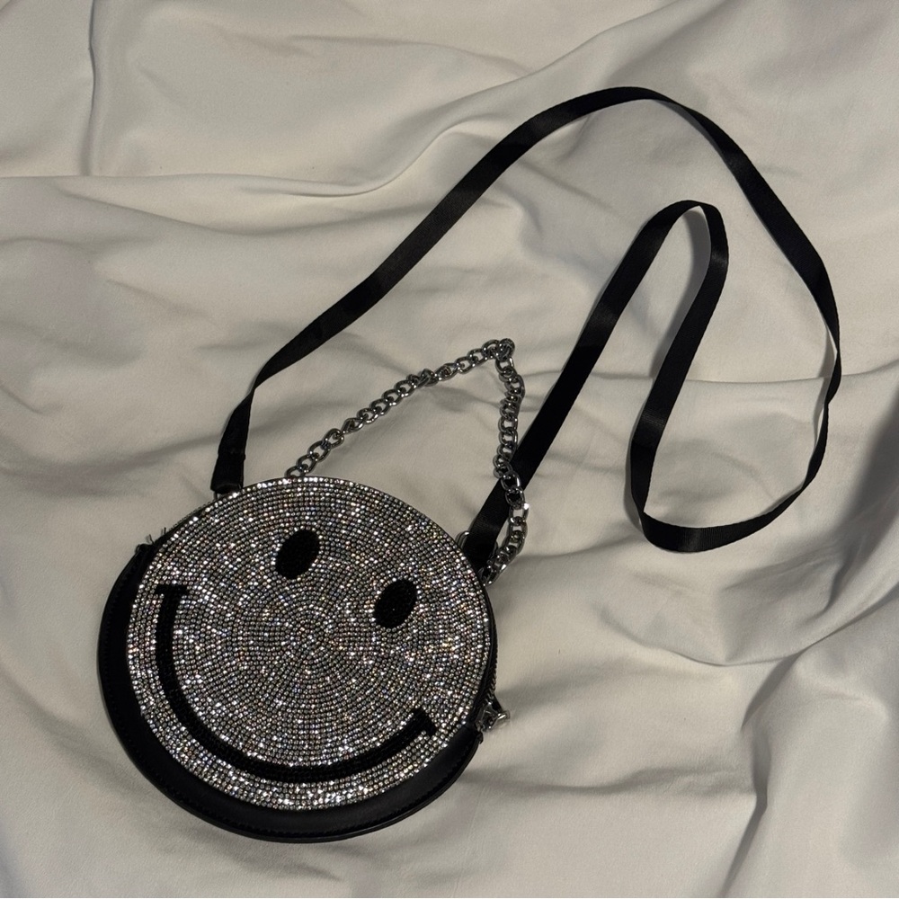 Smiley Face Black and Silver Crossbody Bag